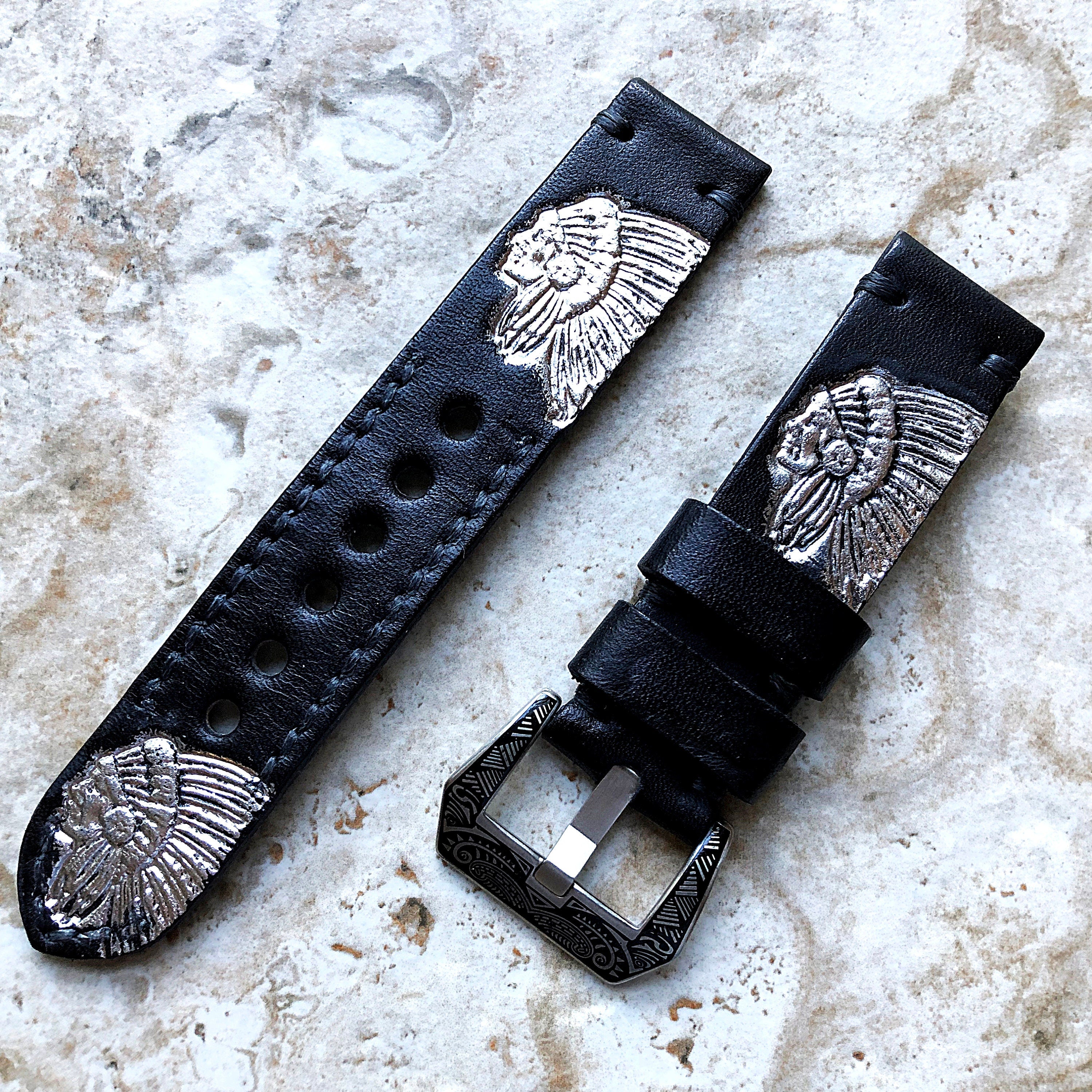 Chief Boss Band 22mm 24mm 25mm Compatible with Apple Watch Fitbit Versa 2 3 4 Sense 2 Ionic Accented Embossed Real Leather Handmade Strap
